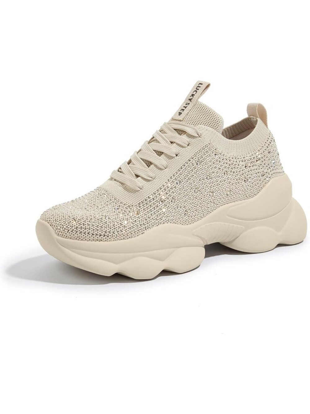 Women's Beige Mesh Rhinestone Chunky Sparkly Bling Glitter Walking Sneakers Shoe